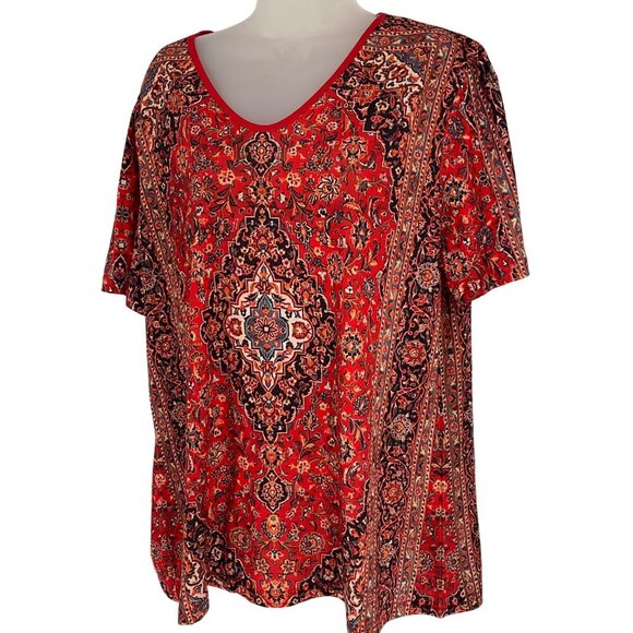Red & Black Floral Print V-Neck Short Sleeve Womens Top Size XXL - Picture 8 of 8